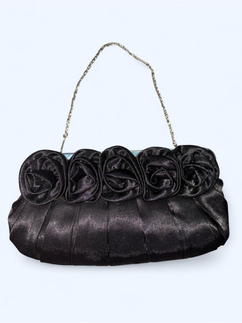 Elegant Black Satin Rose-Embellished Evening Clutch
